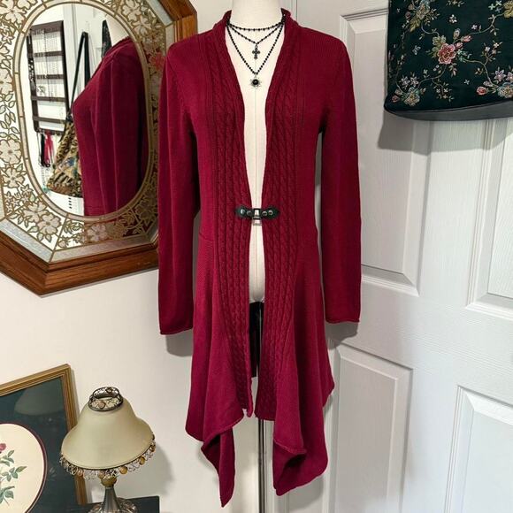Seventh Avenue Dark Red Crochet Long Sleeve Toggle Front Asymmetrical Cardigan M - Picture 1 of 8